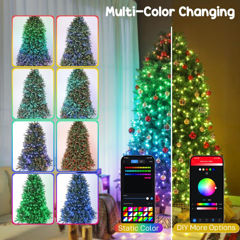 HOMCOM 6Ft-9Ft Smart Prelit Christmas Tree with Full-Spectrum RGB Dimmable Leds, App and Remote Control, Wide Full Hinged Xmas Tree, Easy Assembly, Artificial Holiday Decoration, Green