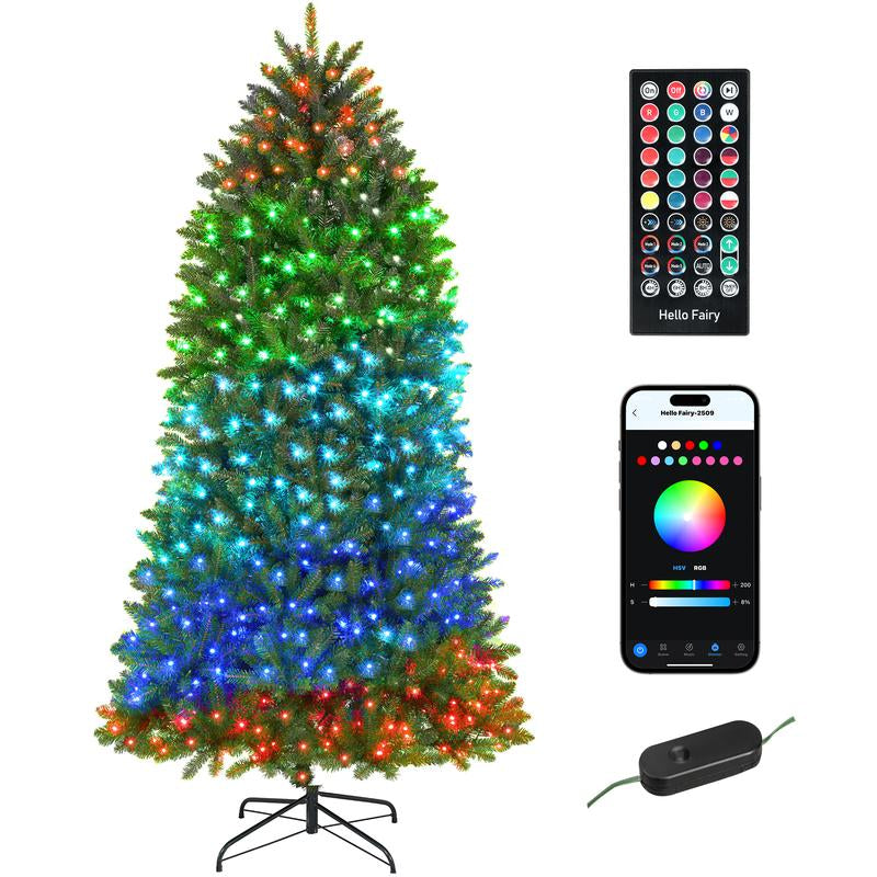 HOMCOM 6Ft-9Ft Smart Prelit Christmas Tree with Full-Spectrum RGB Dimmable Leds, App and Remote Control, Wide Full Hinged Xmas Tree, Easy Assembly, Artificial Holiday Decoration, Green
