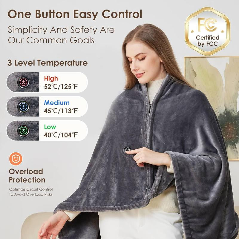Camping Portable Wearable Heated Nap Shawl (63''X33.5") - Warm Soft Cozy, 15S Fast Heating, 3 Adjustable Levels, Flannel Sherpa Dual-Sided Velvet, Machine Washable, 20000Mah Battery, Winter Christmas Gift for Women Men (Home/Office/Travel)