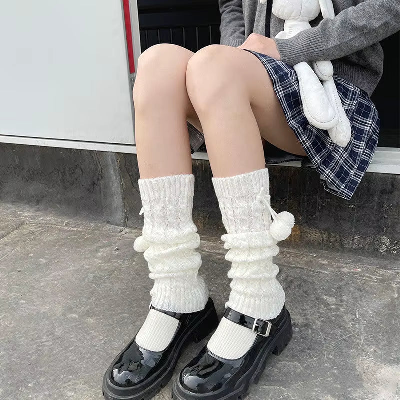 New Japanese Lolita Sweet Girl Leg Warmer Knit Socks Wool Ball Knitted Foot Cover Cosplay Women Autumn Winter Heap Heap Socks