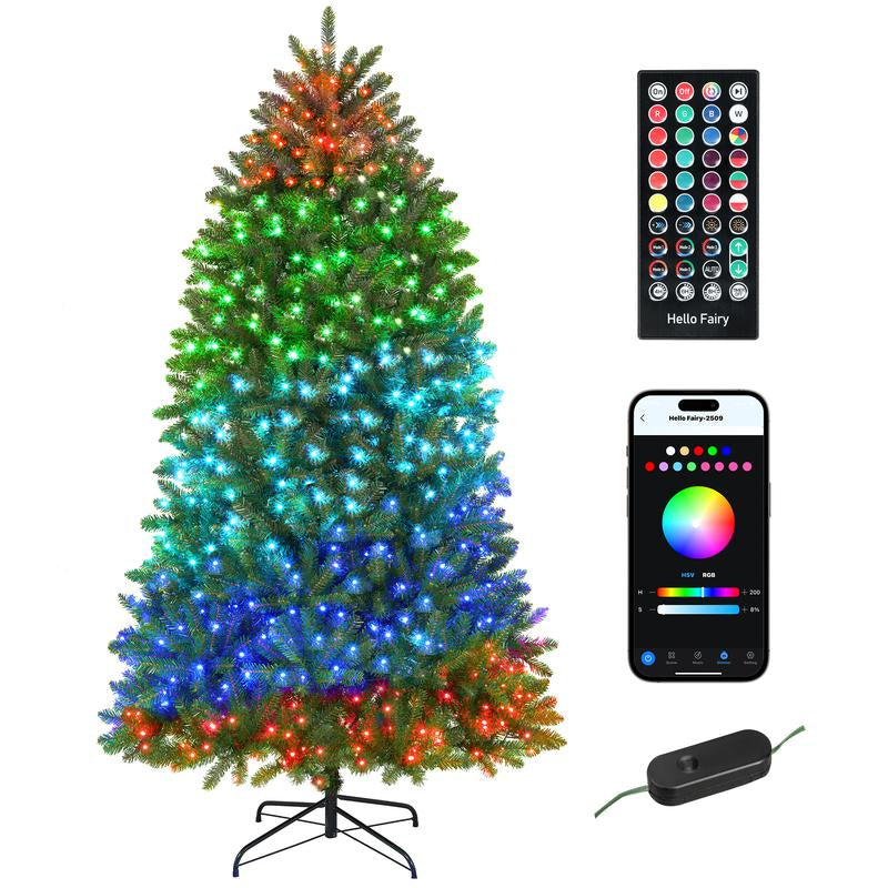 HOMCOM 6Ft-9Ft Smart Prelit Christmas Tree with Full-Spectrum RGB Dimmable Leds, App and Remote Control, Wide Full Hinged Xmas Tree, Easy Assembly, Artificial Holiday Decoration, Green